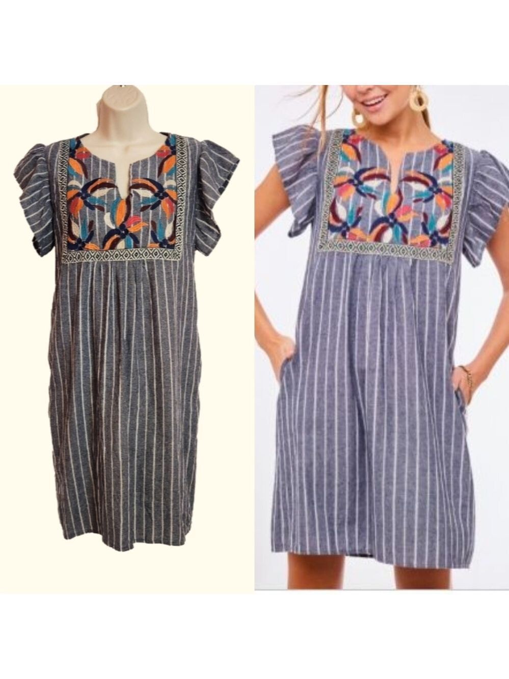 L Love Split Neck Striped Embroidered Mini Short Sleeve Dress Grey/White Medium